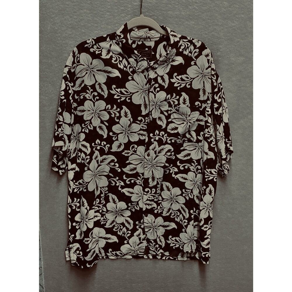 Tiki Palm Hawaiian Shirt XXL Brown Hibiscus Print Short Sleeve Button Up Rayon